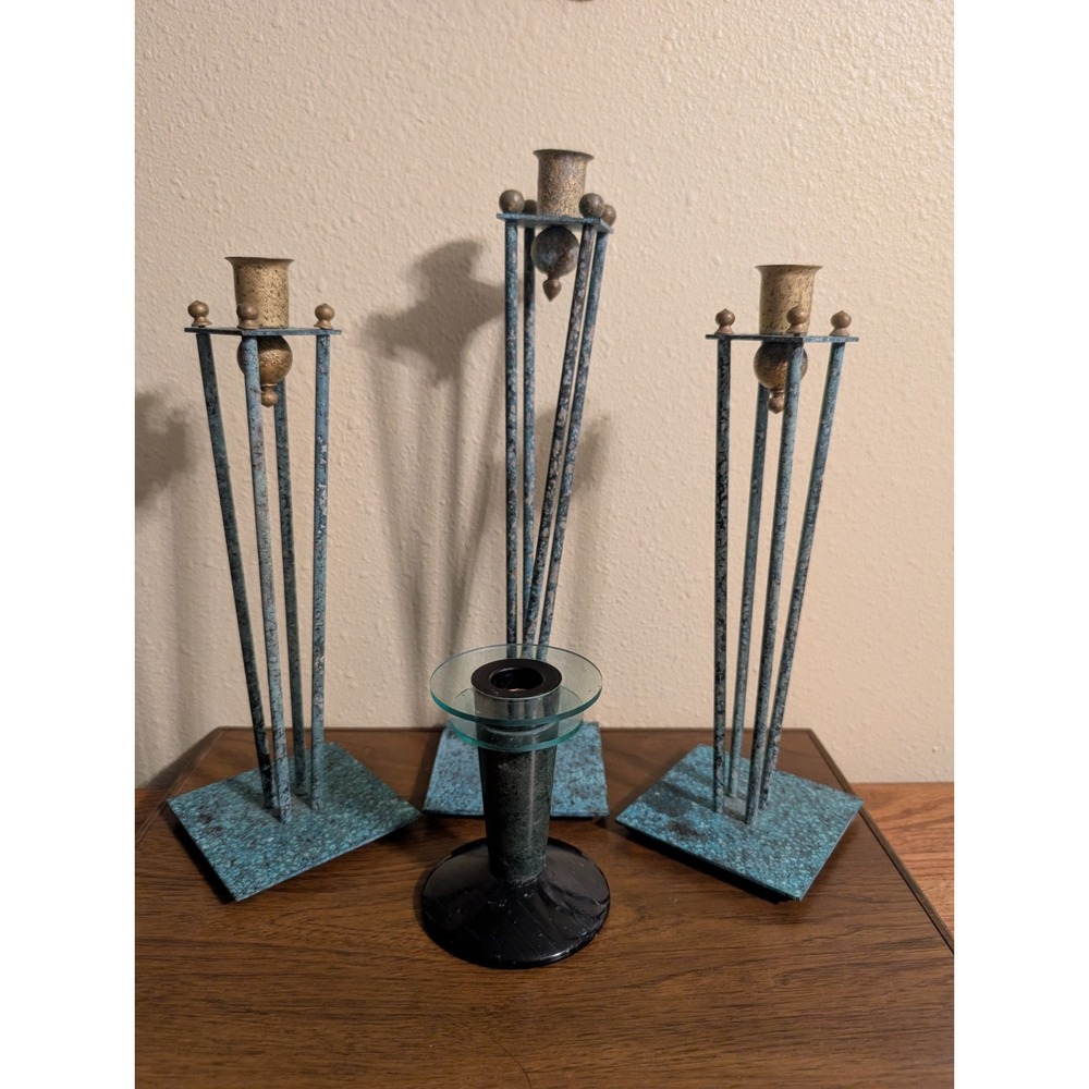 Post Modern Memphis candle Holder Lot Milano Marble Acrylic Patina Verdigris mcm